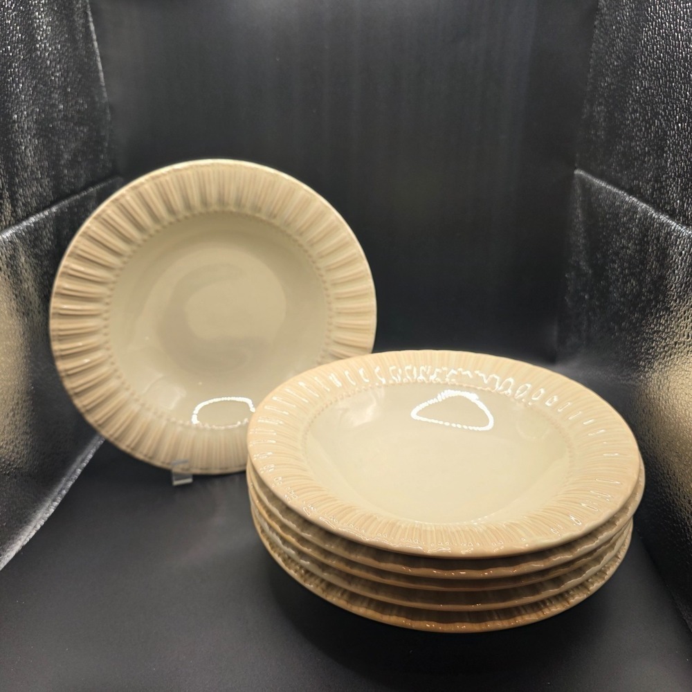 Bombay Cream Dots & Stripes 9" Soup Bowl Set Of 6 Textured Rim Neutral Stoneware